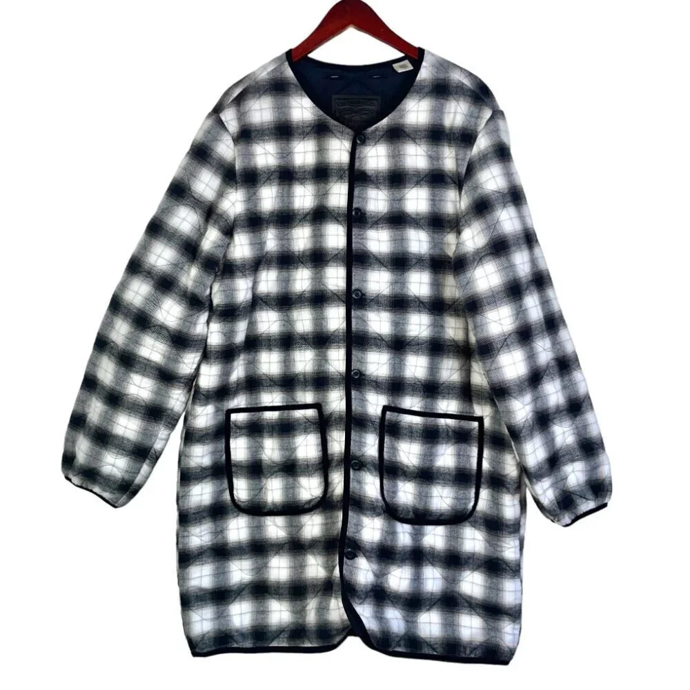 Levi's plaid quilted jacket coat longline oversized black white mens large